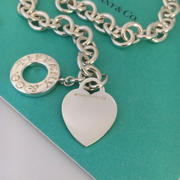20” Large Tiffany & Co Sterling Silver Blank Heart Tag Toggle Necklace Plus Size - Picture 3 of 8